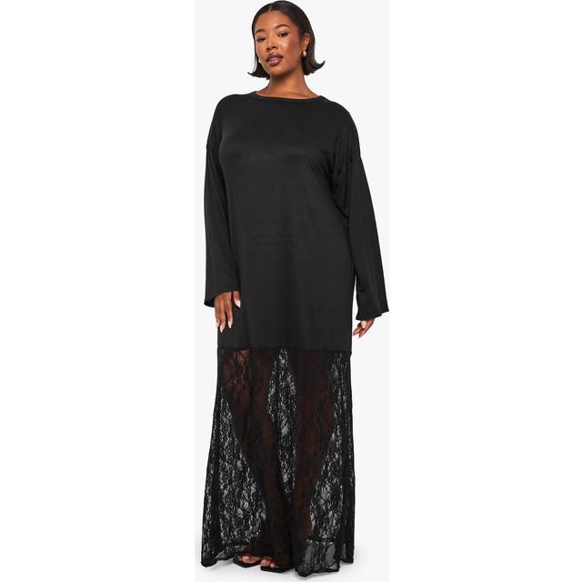 Womens Plus Long Sleeve Lace T-Shirt Dress - Black - 16, Black