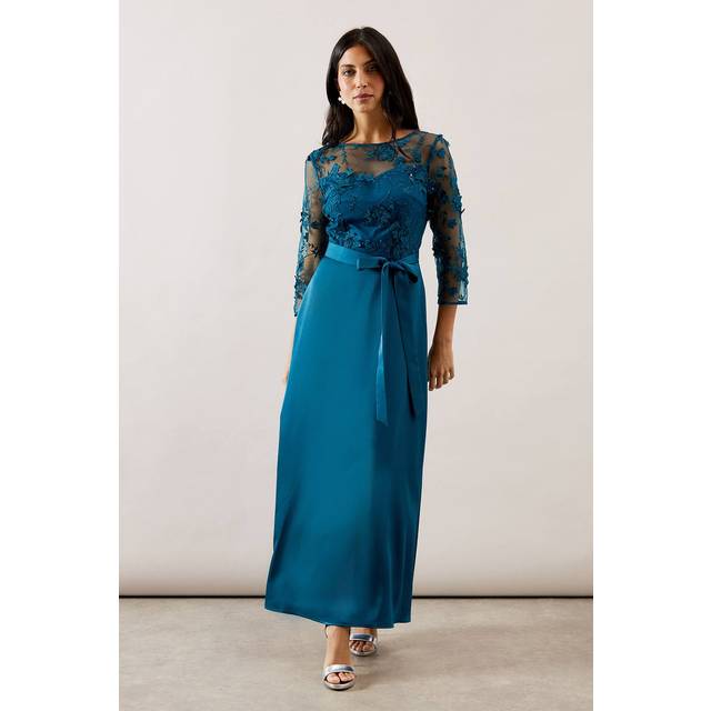 Womens Occasion Satin And Mesh Overlay Maxi Dress - Teal - 20