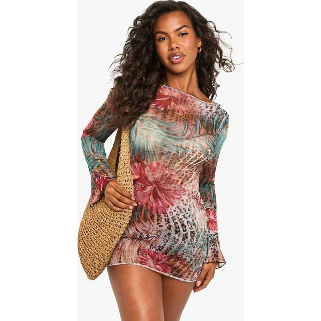 Womens Tropical Animal Mini Beach Dress - Brown - L, Brown
