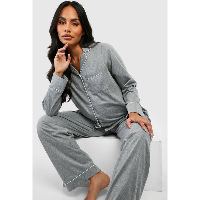 Womens Maternity Jersey Piping Button Trouser Pyjama Set - Grey - 12