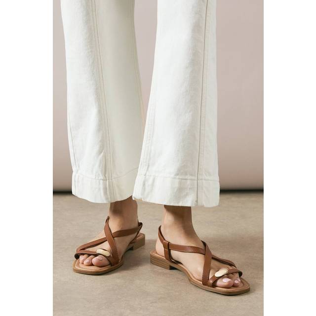 Womens Angela Faux Leather Metal Trim Detail Cross Strap Flat Sandals - Dark Tan - 4