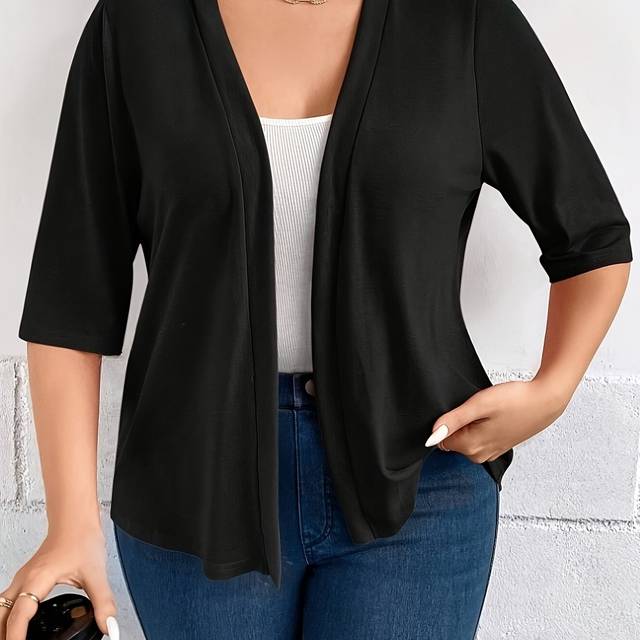 TEMU Plus Size Solid Open Front Cardigans, Casual V Neck Half Sleeve Knitted Cardigans Coat For Spring & Fall, Women's Plus Size Clothing