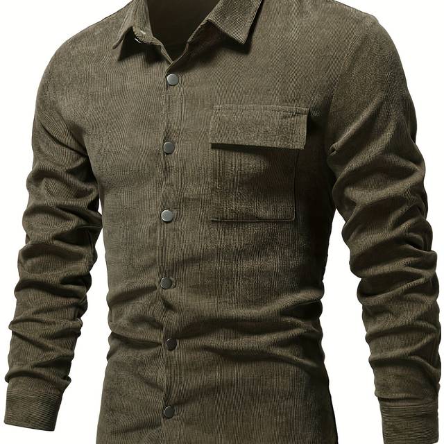 TEMU Men' Color Ribbed Long Sleeve Lapel Shirt For Spring And Fall, Casual Comfy Trendy Shirt As Gift