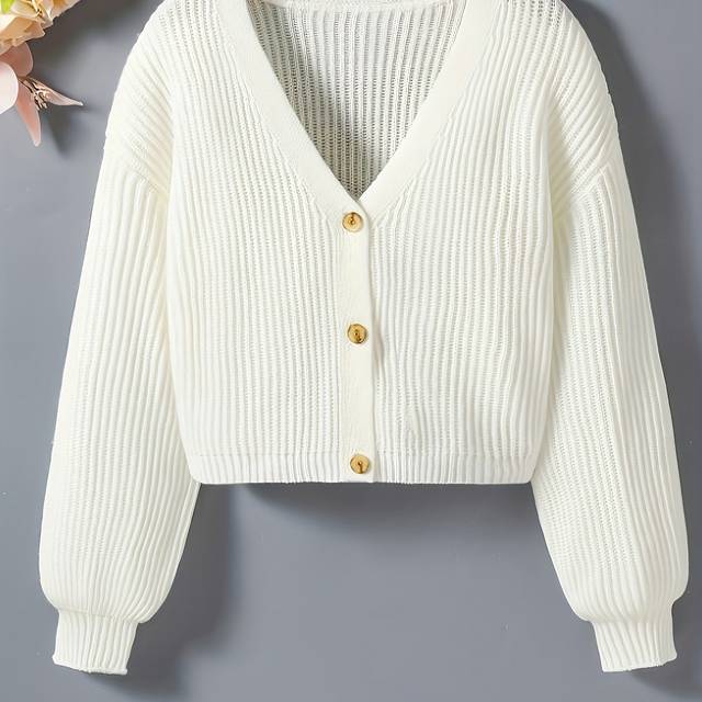 TEMU Girls' Casual V-neck Long Sleeve Cardigan With Fallen Shoulders - 100% Acrylic Button-front Knit Sweater, Solid Color Regular Fit For Spring Summer Fall, Hand Wash/