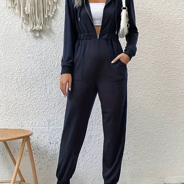 TEMU Women's High Elasticity Hooded Zip-up Jumpsuit - Solid Color Casual Lounge & Streetwear Outfit, Machine Washable Fall Jumpsuit For Adults, Ladies Jumpsuit, Autumn Clothing, Comfortable Fabric