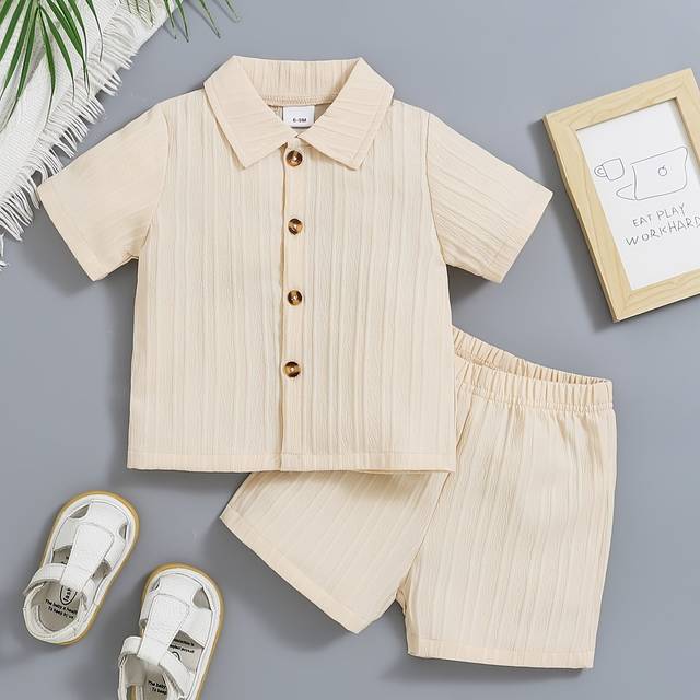 TEMU 2pcs Toddler Boys' Outfit Set - Cute & Stylish Ribbed Short Sleeve Shirt With Buttons & Solid Color Casual Shorts, Beige, Spring/summer, Baby Clothes, For Outdoor