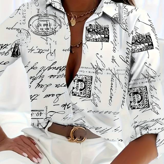TEMU Women' Letter Print Long Sleeve Blouse - Square Neck, Single-breasted With Buttons, Casual Yet Elegant Shirt For Spring, Summer & Fall, | Stylish Casualwear | Stylish Button-u