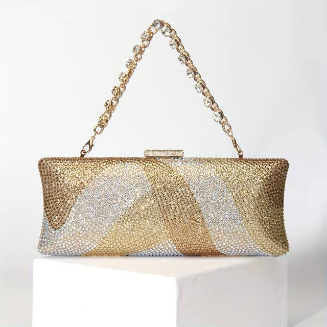 TEMU Elegant Geometric Pvc Clutch With Rhinestone Handle Chain, Removable Strap, Closure, Polyester Lined, Painted, Green & Golden, Fashionable Accessory