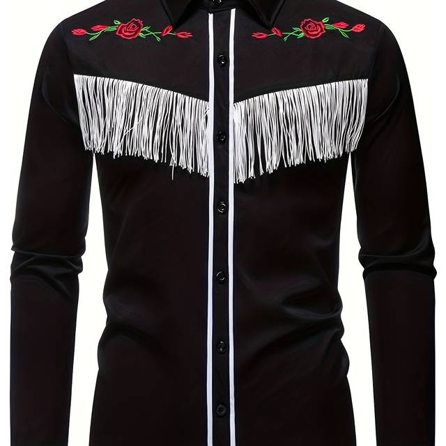 TEMU Men' Black Long-sleeve Button-up Shirt With Floral Embroidery And Tassel Detail - Polyester Blend, Casual Western Cowboy Design, Wear