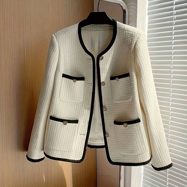 TEMU Women's Elegant Beige Tweed Blazer With Black Trim - Long Sleeve, Single-breasted Jacket With Pockets, Spring & Fall, Stylish Button-, Spring Outerwear | Classic Buttonup | Sophisticated Style