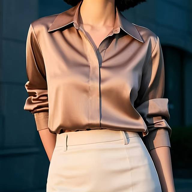 TEMU Chic Satin Long Sleeve Blouse For Women - Lightweight, Wrinkle-resistant, Single-breasted Collar, Solid Color, Office & Casual Wear, Spring Fashion