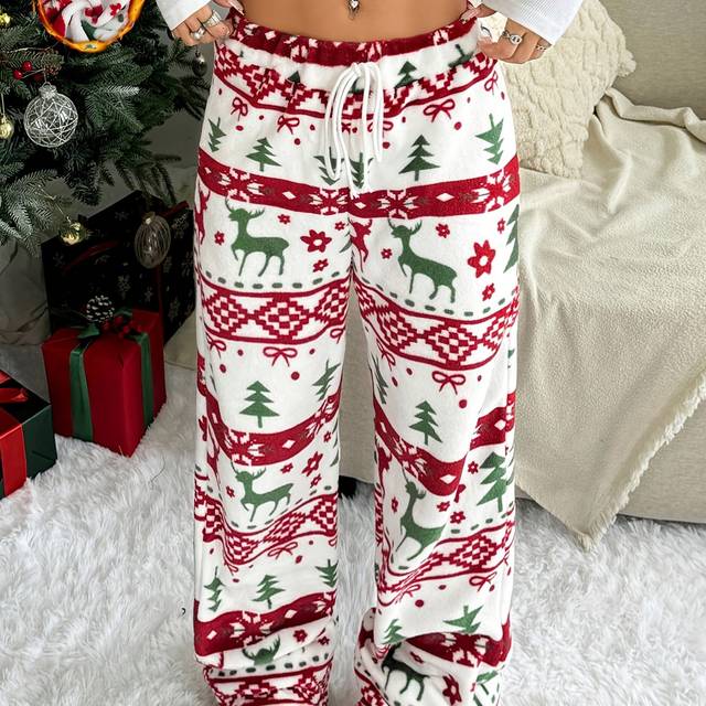 TEMU Women's Christmas Plush Wide- Pants With Festive Reindeer & Snowflake Print - Elastic Drawstring Waist, Machine Washable, For Holiday & Casual Wear, Christmas Pants, Medium Elasticity Fabric