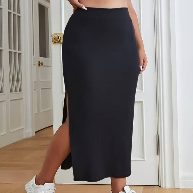 TEMU Elegant High-waisted Midi Skirt For Women, Stretch Polyester Fabric With Side Slit, Solid Black Color, Machine Washable, Style, Formal Attire, Smooth Texture