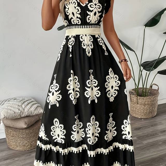 TEMU Plus Size, Plus Size Women's Spring/summer New Arrival Printed Flutter Sleeve Waist-cinched Maxi Dress