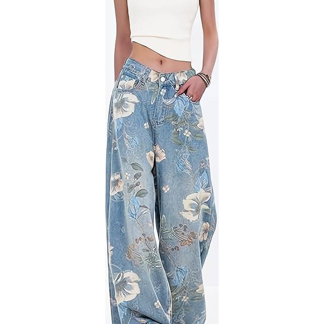TEMU [ ] Women's High-waisted Floral Print Loose-fit Wide Leg Jeans - Light Blue Denim With Waistband, Fashion Pants For All