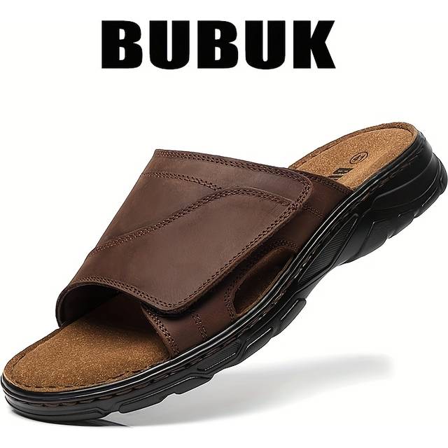 TEMU Men's Genuine Leather Slide Sandals - Stylish Brown Open-toe Slippers With Non-slip Sole, Breathable Summer For Casual Wear