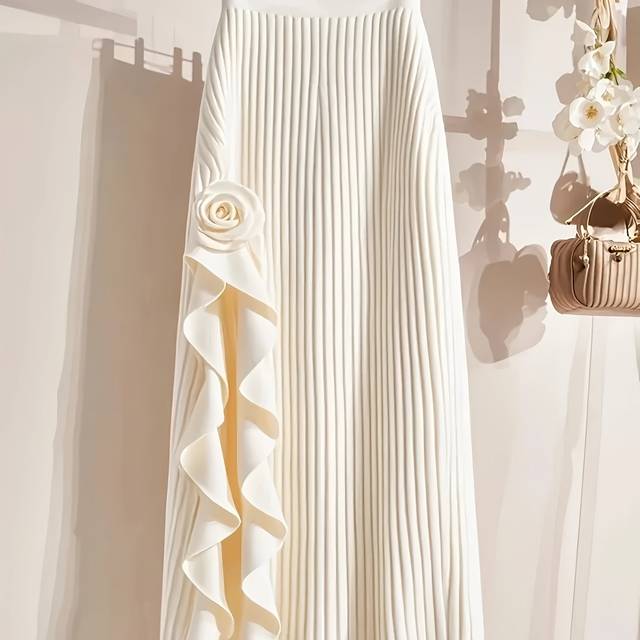 TEMU Women's Irregular A-line Skirt - High-waisted Midi-length 100% Acrylic, Elegant With Applique Detail, Versatile Solid Color