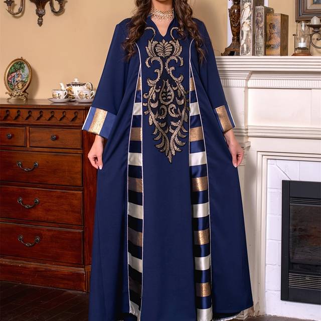 TEMU Ramadan- Elegant V-neck Embroidered Stripe Kaftan Dress - Modest Long Sleeve Maxi For Women, Polyester, Machine Washable