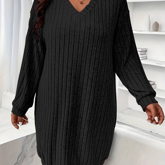 TEMU Plus Size - Women's Plus Size V-neck Ribbed Dress - Olive Green, Long Sleeve, , Polyester Blend, Machine Washable, Fall Fashion, Casual Wear Dress | Dress | Construction, Plus Size Dress
