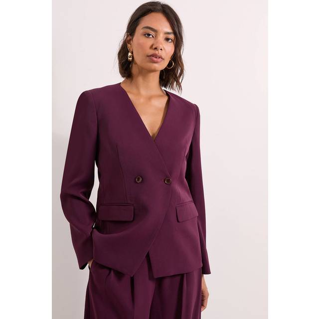 Womens V Neck Longline Double Breasted Blazer - Berry - 10