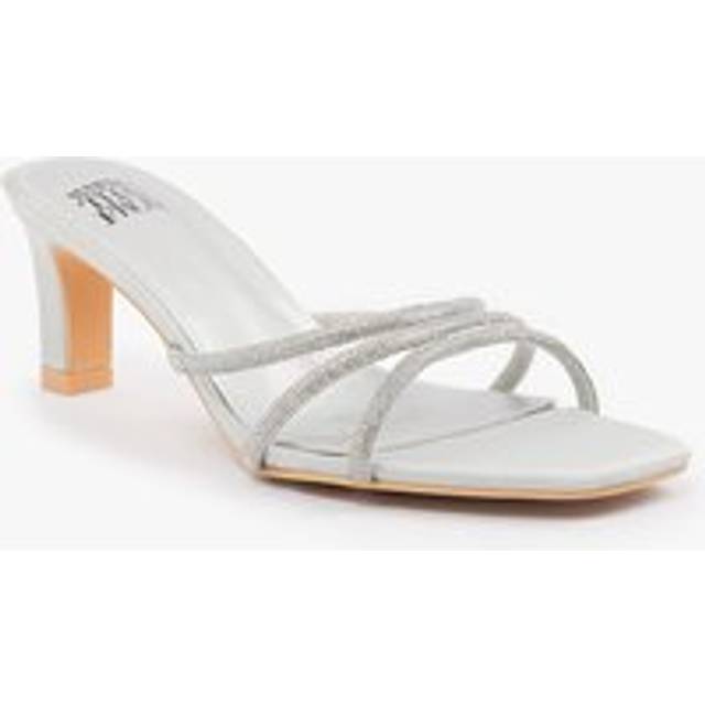 'Blair' Square Toe Low Block Heel With Diamante Strap Detail - Silver - 7