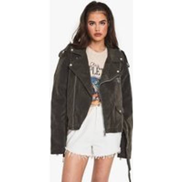 Womens Vintage Suede Look Oversized Biker Jacket - Grey - 14, Grey