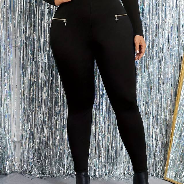 TEMU Plus Size Women's High-waisted Slim-fit Zipper Detail Pants - Stretch Casual Trousers For Outdoor Commute & Home, Machine Washable Solid Color , , Flattering Silhouette,