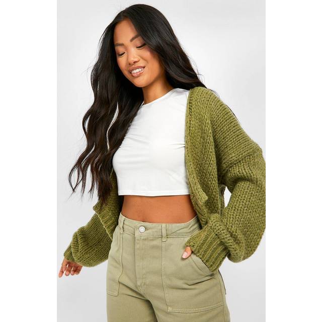 Womens Petite Premium Chunky Knit Cardigan - Green - S