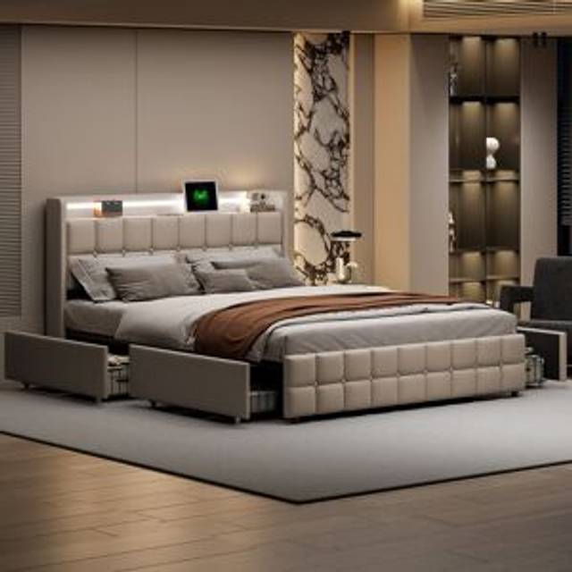Upholstered Bed With LED Lights And 4 Drawers - Beige (European Double (140 x 200 cm))