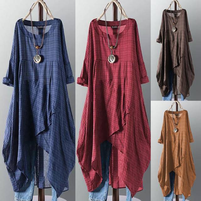 Women check plaid long sleeve tops shirt casual loose high low midi dress 8-24