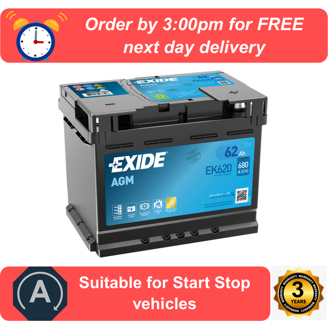 Ek620 exide agm car battery (027agm) hyundai i10 1.0 (2013-2021)