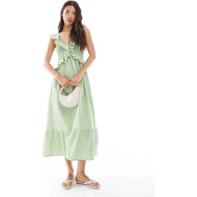 New Look Women's Light Green Ruffle Trim Tiered Hem Midi Dress - UK 12