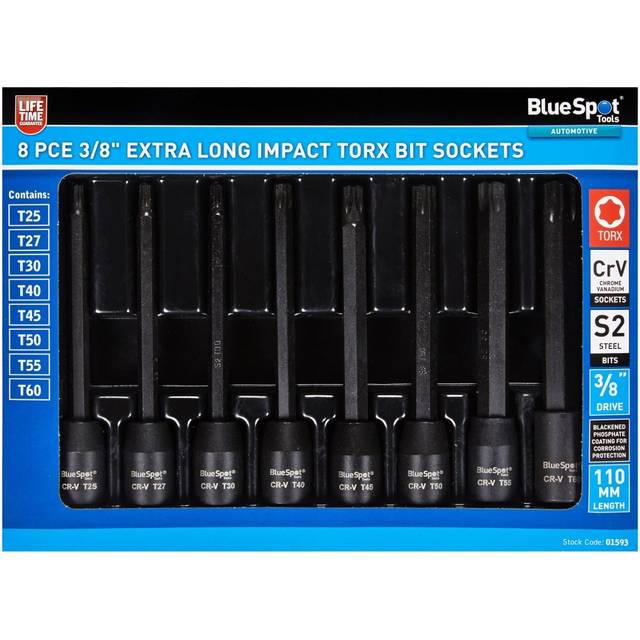 Bluespot 8pc Extra Long Impact Torx Bit Sockets 3/8 Drive T25 - T60 Set