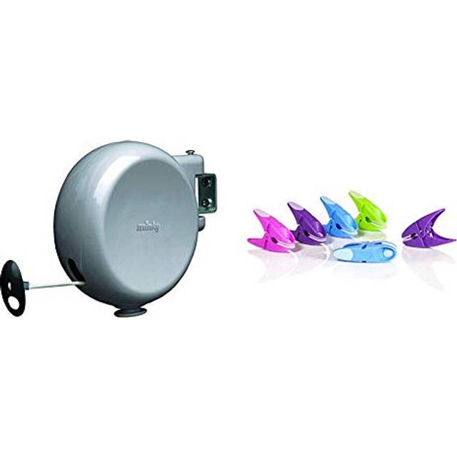 Minky Retractable Reel Washing Line with 15 m of Drying Space, Grey with SureGrip Pegs, Green, Pack of 24