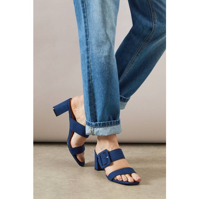 Womens Mishael Faux Suede Covered Buckle Medium Block Heel Mule Sandals - New Navy - 7