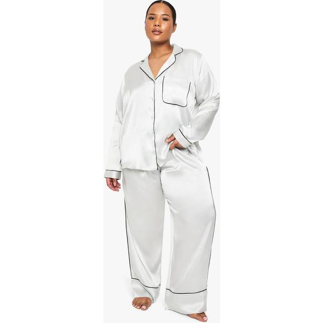 Womens Plus Contrast Piping Satin Long Sleeve Pyjama Shirt And Trouser Set - Blue - 20, Blue