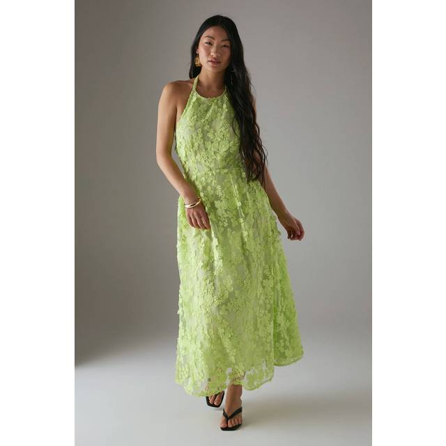 Womens Petite 3D Embroidered Halter Open Back Midi Dress - apple green - Apple Green - 12
