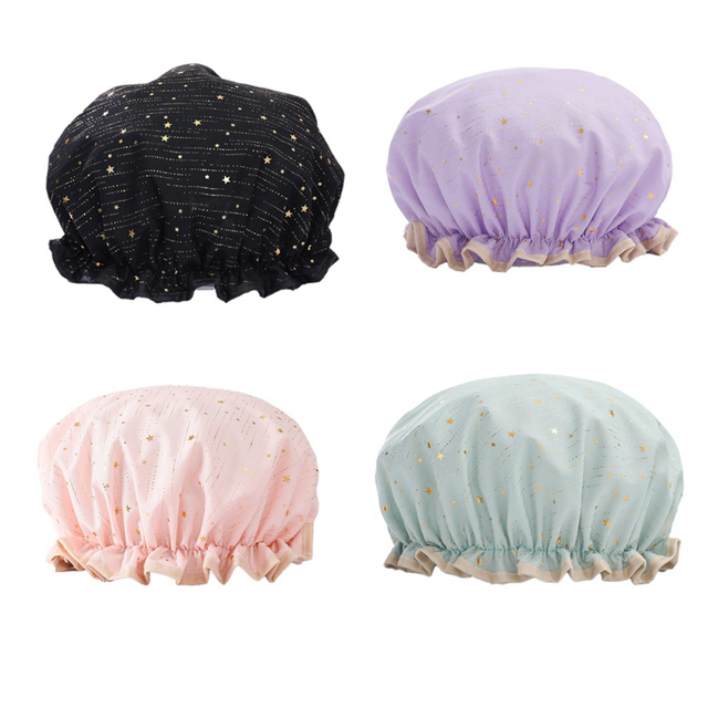 Shower Cap 4 Pack Waterproof Reusable Shower Cap, Elastic Bathing Shower Hat Double Layers Bathing Hair Cap Bath Cap
