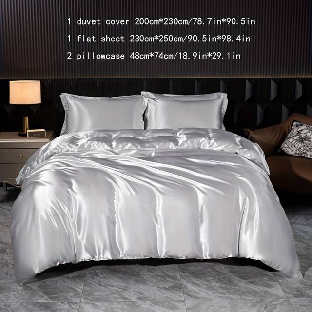 TEMU Luxurious 4pcs Y Satin Bedding Set - Includes Duvet Cover, Flat Sheet & Pillowcases In Solid Colors, Zip Closure - Home, Guest Rooms & Hotels
