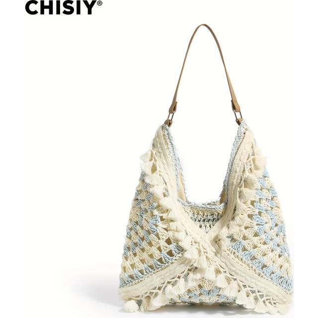 TEMU Handmade Crochet Beach Tote Bag - Light Braided Straw Shoulder Bag With Zipper Closure, Casual Summer Style For Women, Beach Bag, Vacation Accessory, Woven Texture