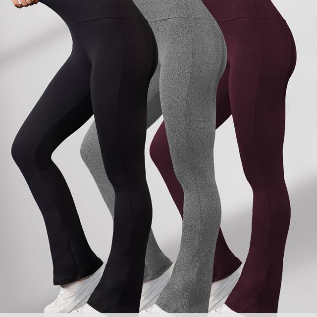 TEMU 3pcs Women's High Waisted Flare Leggings - Super Soft, Tummy Control, Stretchy Bootcut Pants In Beige, Black, Pink, Fit For Sporty Style, Workout Leggings