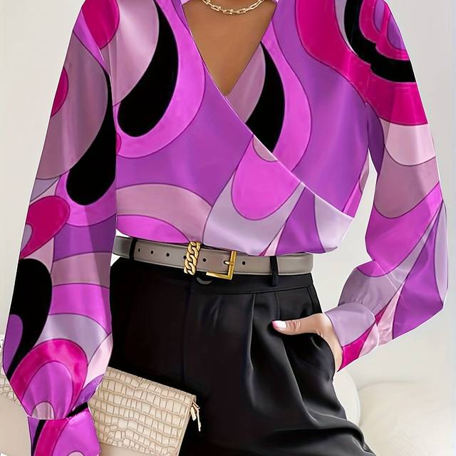 TEMU Abstract Print V-neck Blouse, Elegant Lantern Sleeve Loose Blouse For Spring & Fall, Women's Clothing