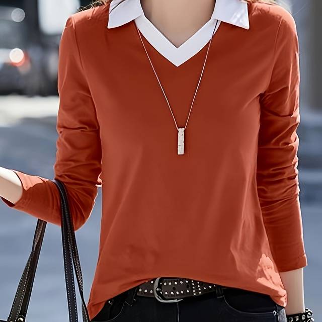 TEMU Colorblock V Neck T-shirt, Casual Long Sleeve Top For Spring & Fall, Women's Clothing