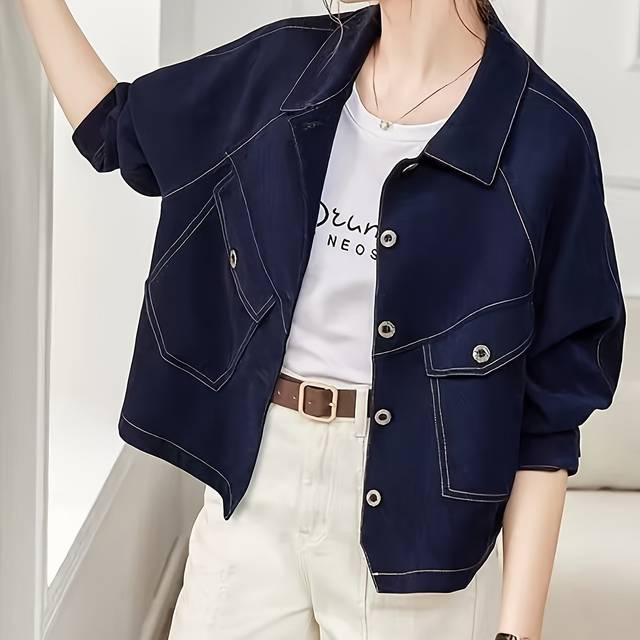 TEMU Women's Casual Spring Short Jacket With Contrast Stitching - Loose Fit, Long Sleeves, Button-up, Non-stretch Fabric, Casual , Casual Jacket|contrast Stitching Jacket|single Breasted Jacket