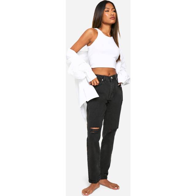 Womens Boohoo Basics 32 Inch Leg High Waisted Ripped Mom Jeans - Black - 6