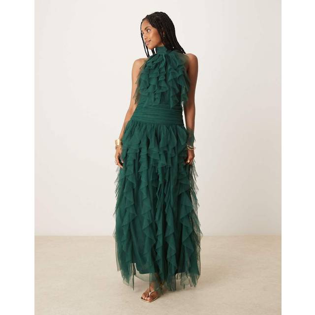 Lace & Beads Tabitha Backless Tulle Ruffle Maxi Dress, Emerald Green