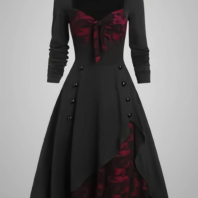 TEMU Y2k Style Gothic Lace Panel Long Sleeve Dress With Square Neckline And Button Detail, Polyester Knit Fabric, Adult Spring/fall Collection