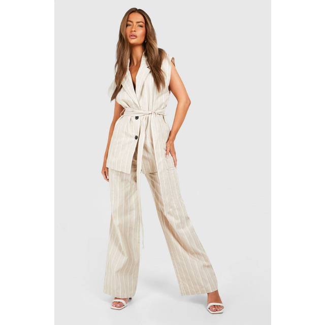 Womens Tonal Stripe Linen Look Relaxed Fit Wide Leg Trousers - Beige - 14, Beige