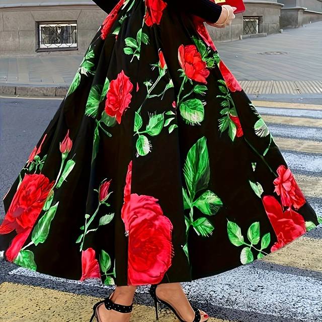 TEMU Women's Elegant High-waisted A-line Skirt - Vibrant Floral Print On Black, Machine Washable Versatile Midi Skirt For Casual & Formal Outfits, Formal Attire, Middle Eastern Style, Detailing