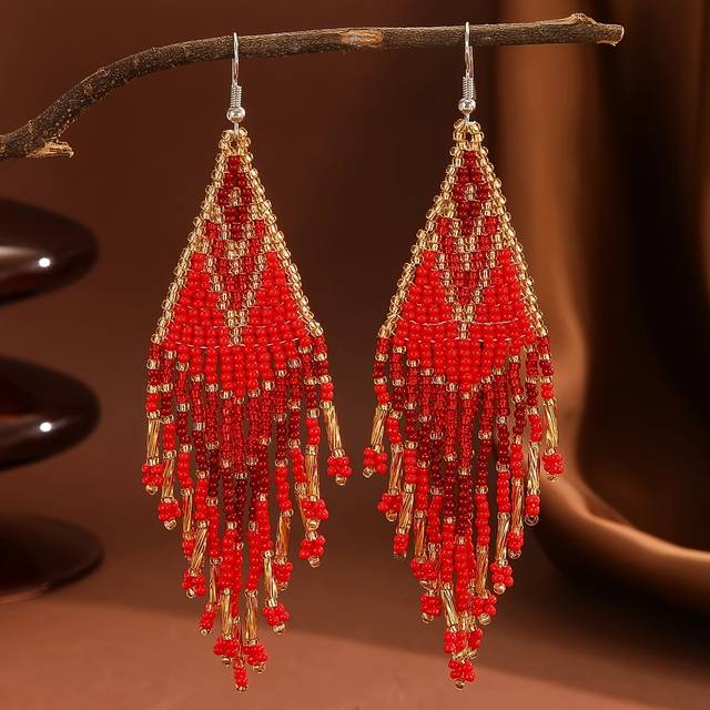 TEMU 1 Pair Bohemian Style Handcrafted Beaded Tassel Earrings, With Black, Red, And Khaki Seed Beads, Elegant Fashion Jewelry For And Gifting, Copper Ear Wire, Non-feather, Accessory